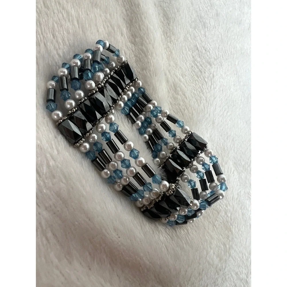 Hematite Wrap Bracelet Magnetic Beaded Multi Strand Faux Pearl Blue‎ Crystal